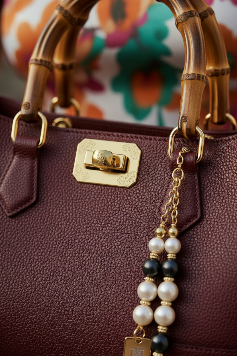 Valencia Rue Bag – handcrafted Italian calfskin leather handbag with bamboo handles, light gold hardware, and bamboo clasp closure, featuring dual compartments and an adjustable shoulder strap for refined everyday elegance.