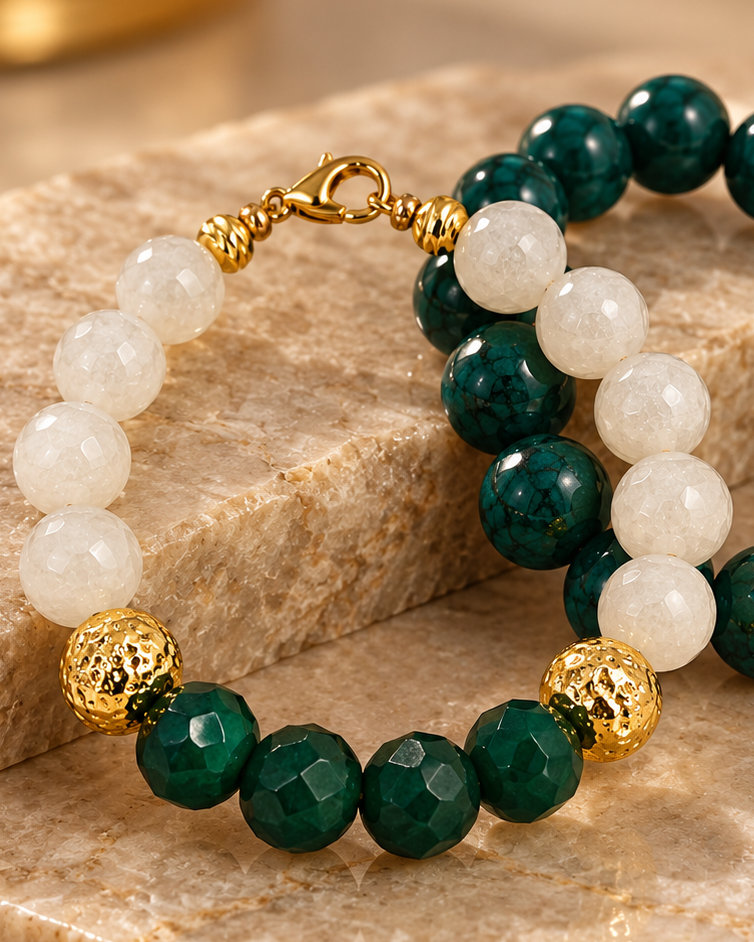 Zafira Verdant Duo green and ivory coordinating bracelets, detailed jewelry photograph