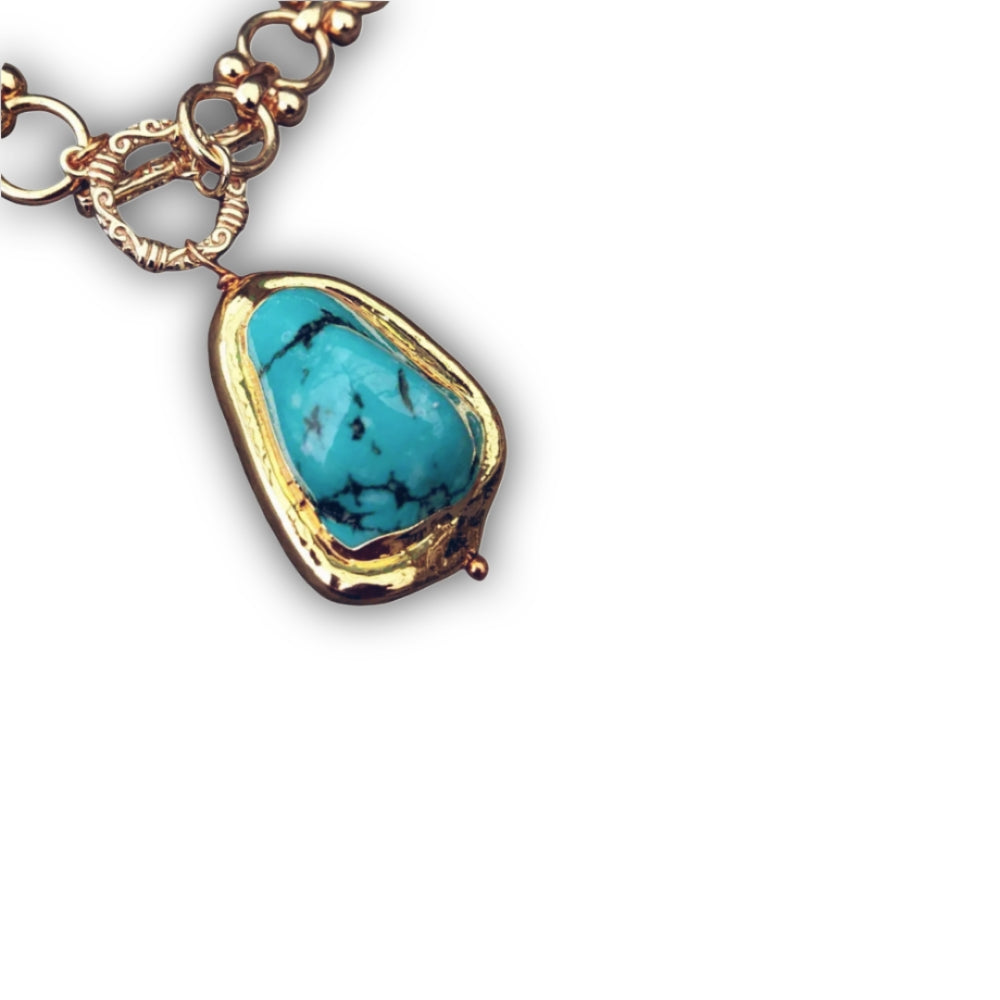 Gold-plated choker necklace with a blue turquoise pendant – classic designer jewelry for women by ZoharasVogue.