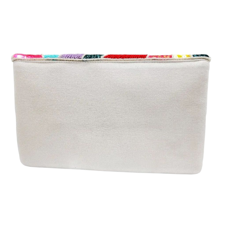 Handmade abstract beaded clutch bag with multicolor pattern and artisan detailing
