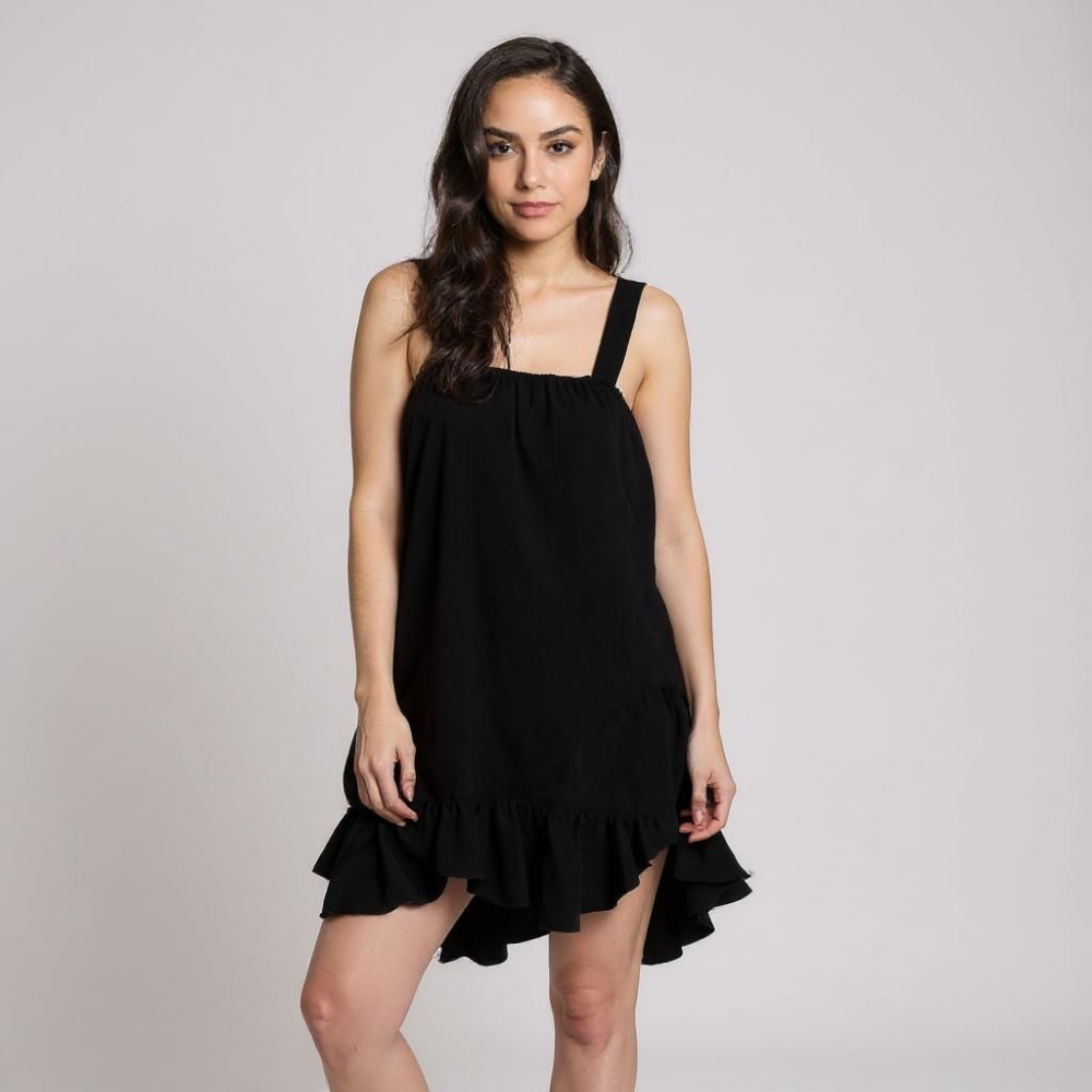 black sleeveless dress is designed to flatter with its clean square neckline and adjustable shoulder straps for a customized fit. Crafted from lightweight, breathable fabric, it drapes gracefully into a relaxed, knee-length silhouette that moves with ease. ZoharasVogue 