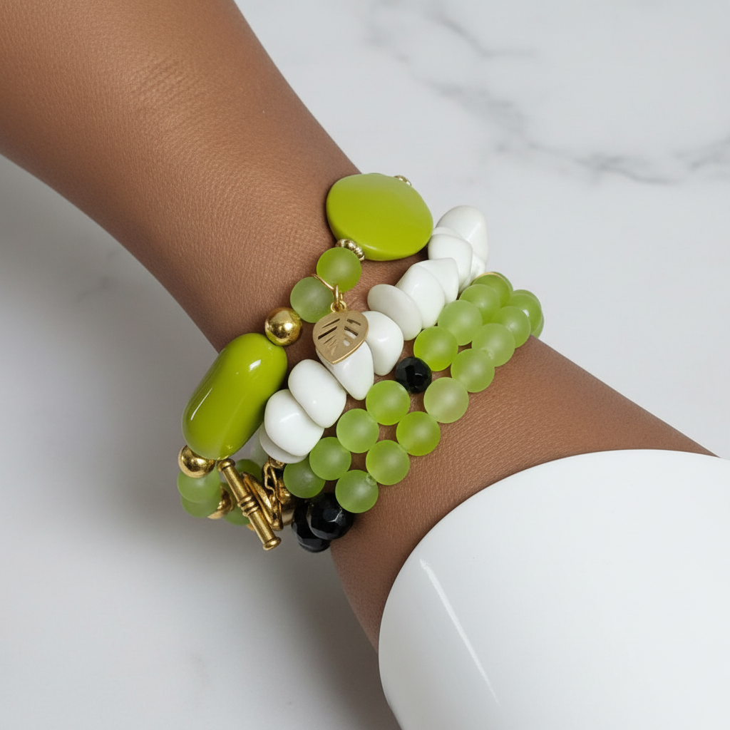 The Vogue Verdict Multi-Stand Bracelet beaded bracelet with green and black beads on a background_ZoharasVogue