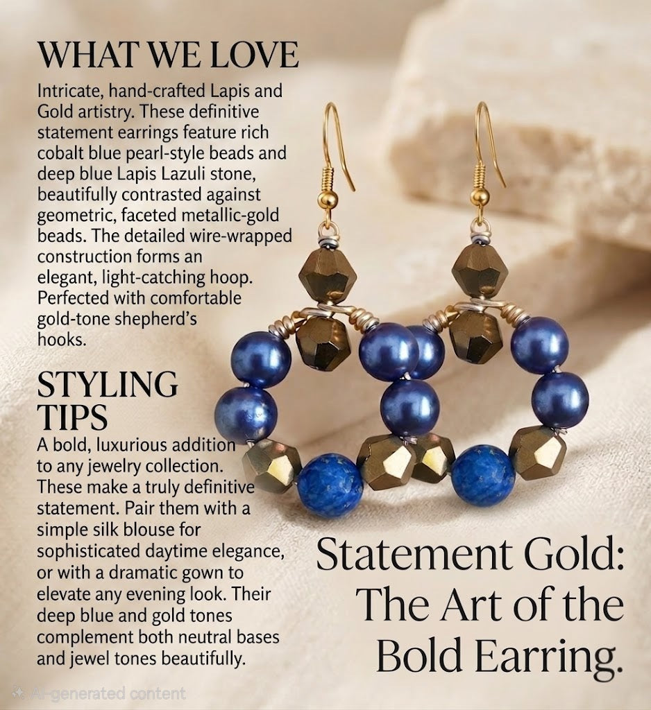 Lapis and Gold Statement Hoop Earrings
