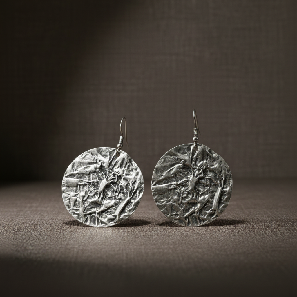 A premium 3D photorealistic render hero shot of a single Aura Textured Silver Disc Earring, suspended against a sophisticated soft gradient grey background. The close-up view emphasizes the deep, complex crumpled metal foil texture of the large silver circular disc, with dramatic studio lighting creating brilliant highlights and shadows across the multi-faceted surface.