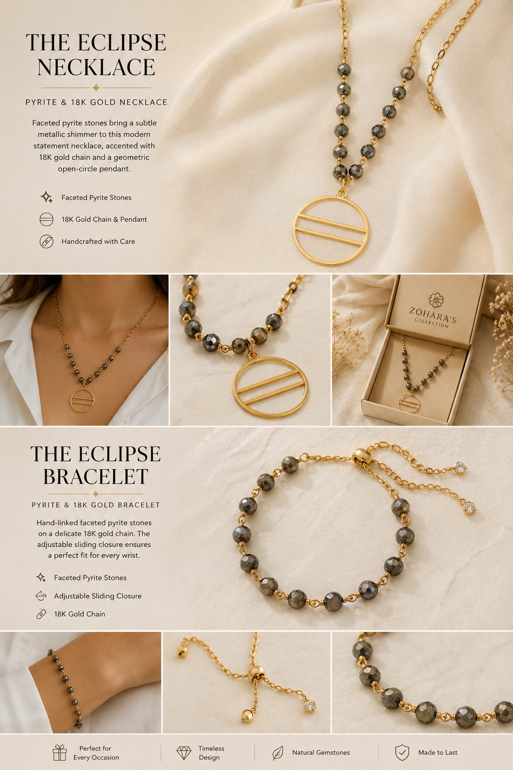 The Eclipse Necklace Handcrafted pyrite gemstone necklace and bracelet featuring faceted rondelle beads, gold chain links, and an open circle pendant in a modern luxury design.- ZOHARAS VOGUE