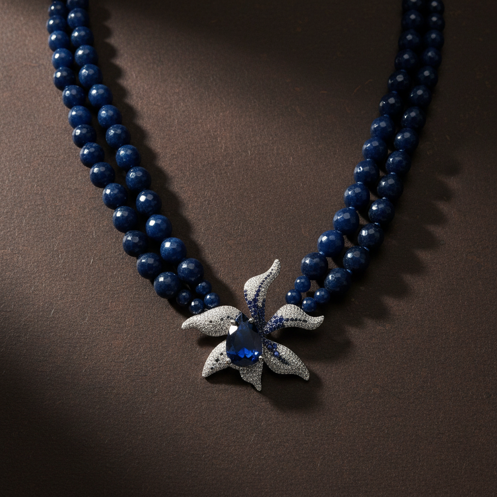 Midnight Bloom Statement Necklace, Blue Statement Necklace, Pavé Flower Pendant, Double Strand Gemstone Necklace, ZoharasVogue, Sapphire Tear Drop Jewelry, Editorial Statement Necklace, Luxury Event Jewelry.