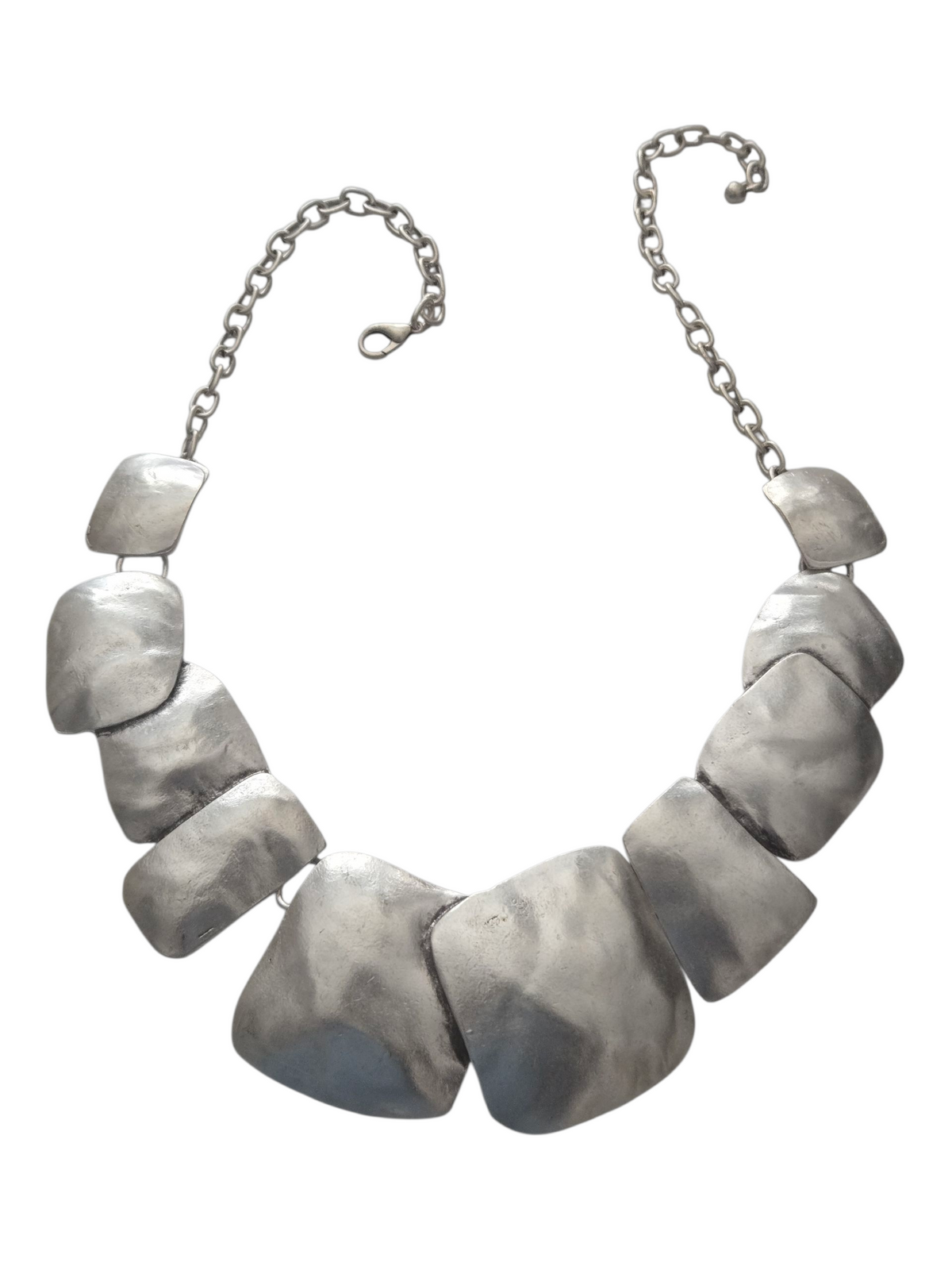 Bohemian hammered silver plated necklace with vintage rectangular pendant