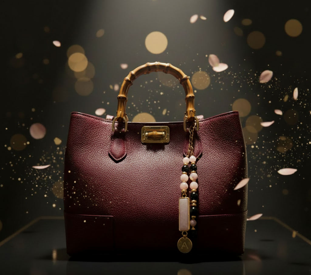 Maroon handbag with decorative charm on a dark background, available at zoharas.com