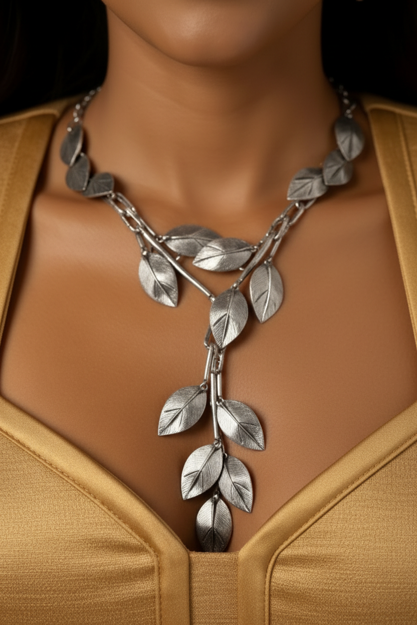 Model wearing the Crystal Vine Luxe Necklace with an off-the-shoulder evening gown, highlighting the contoured botanical design.