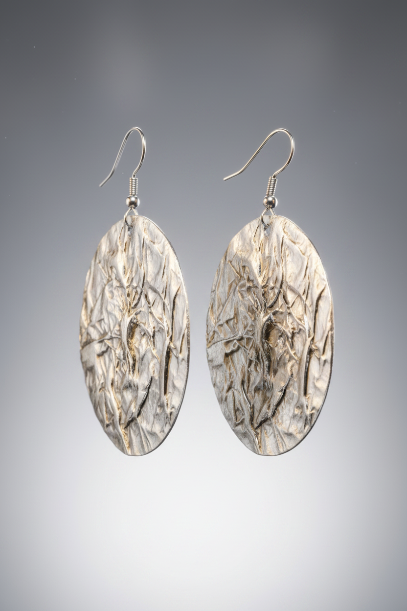 A premium 3D photorealistic render hero shot of a single Aura Textured Silver Disc Earring, suspended against a sophisticated soft gradient grey background. The close-up view emphasizes the deep, complex crumpled metal foil texture of the large silver circular disc, with dramatic studio lighting creating brilliant highlights and shadows across the multi-faceted surface.