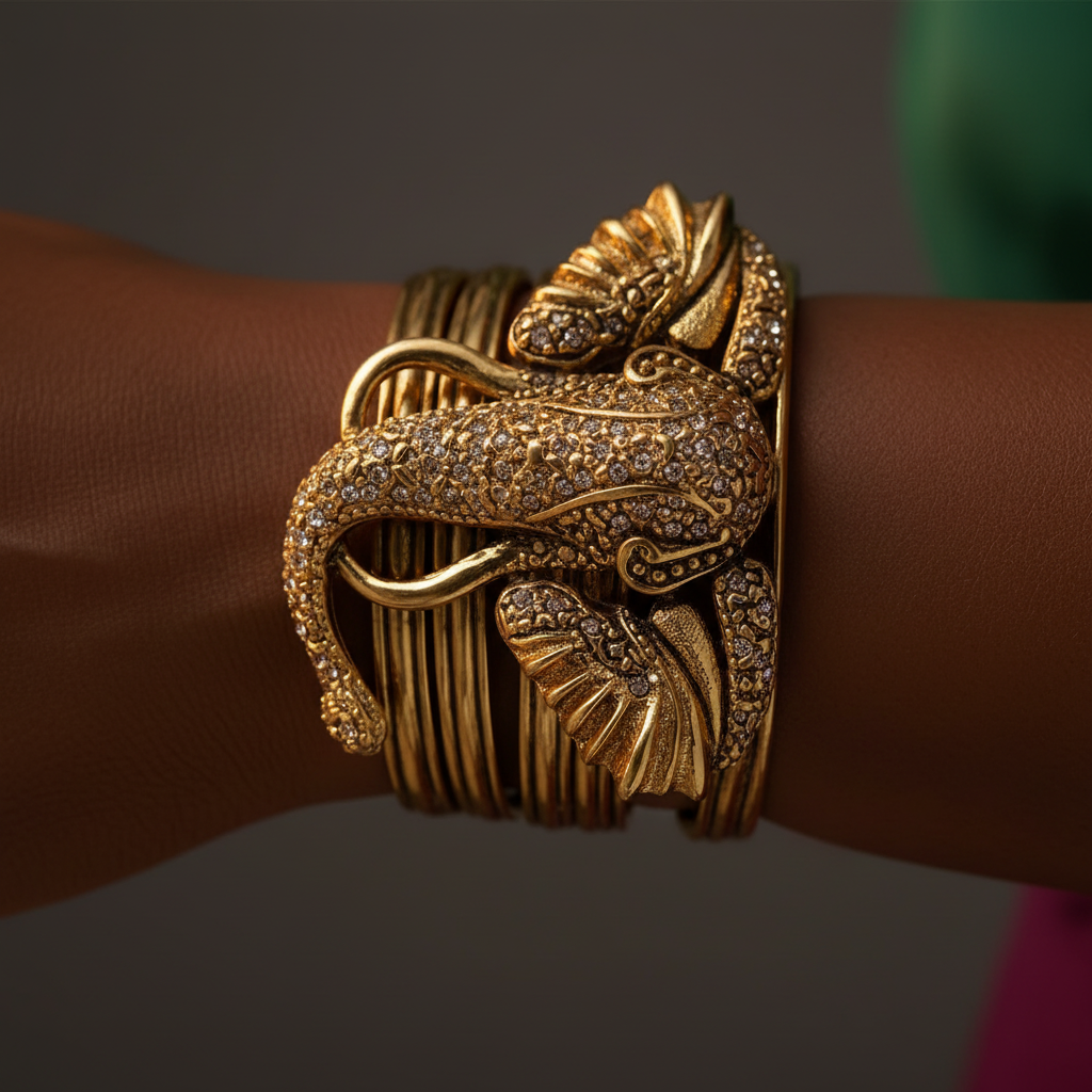 Gold elephant cuff bracelet with multicolor gemstone embellishments_ ZoharasVogue 