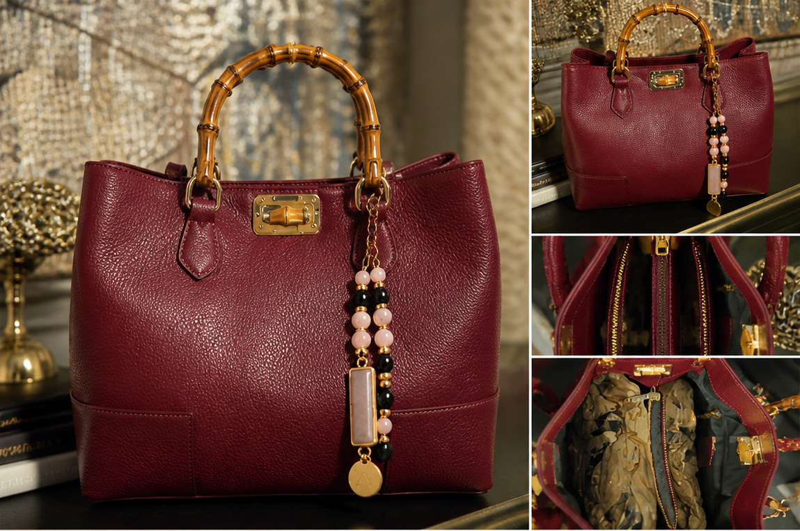 Valencia Rue Bag – handcrafted Italian calfskin leather handbag with bamboo handles, light gold hardware, and bamboo clasp closure, featuring dual compartments and an adjustable shoulder strap for refined everyday elegance.