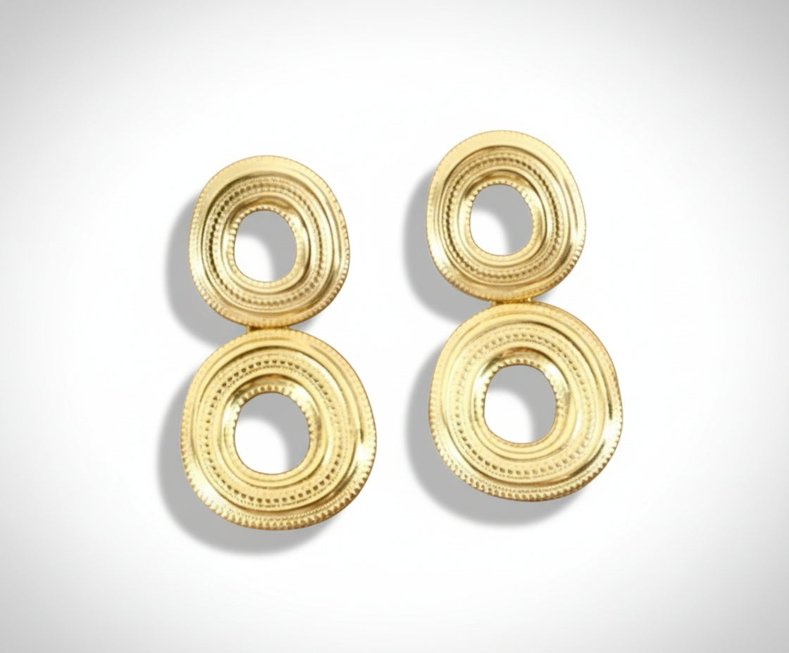 Unspoken Discs Earrings featuring double textured stainless-steel discs in a bold, modern French design for contemporary elegance. ZoharasVogue