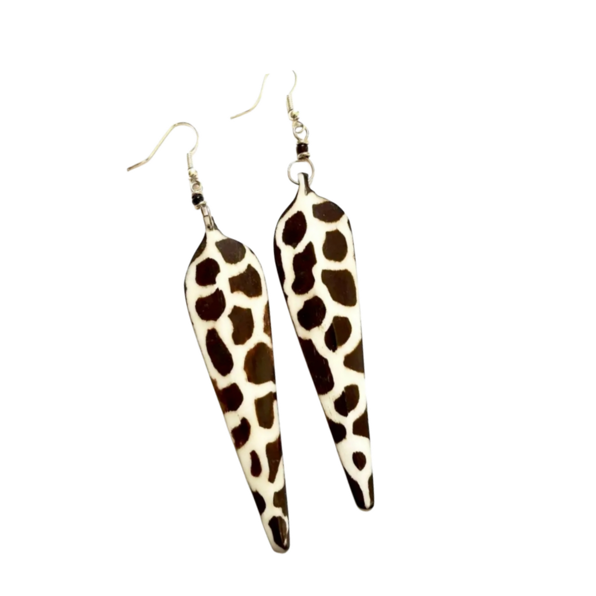  Wild Side Strut Earrings Long giraffe-print earrings hand-carved from cow bone, featuring a 3-inch drop and hook closure