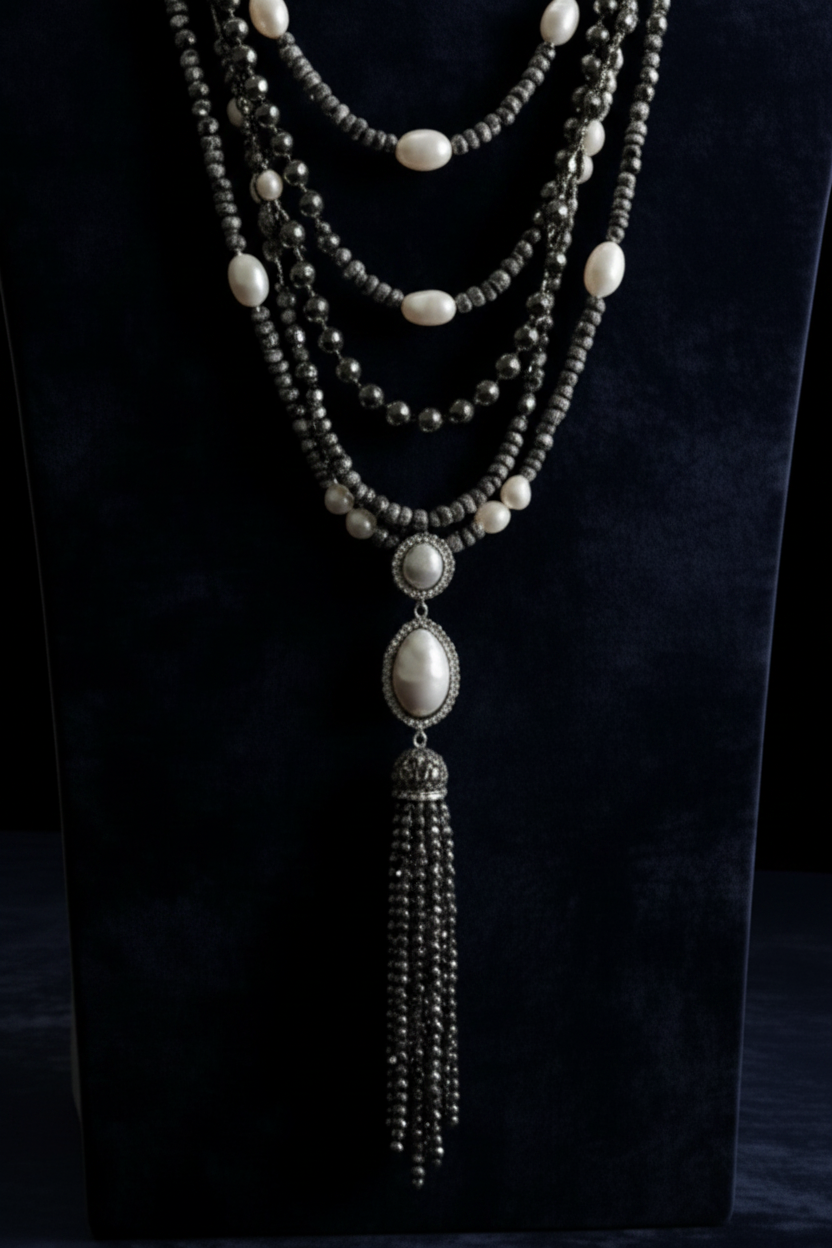 A studio product view of the Aurora Grace Wrap Bracelet featuring five layered strands of polished grey hematite beads and warm brass metal accents.