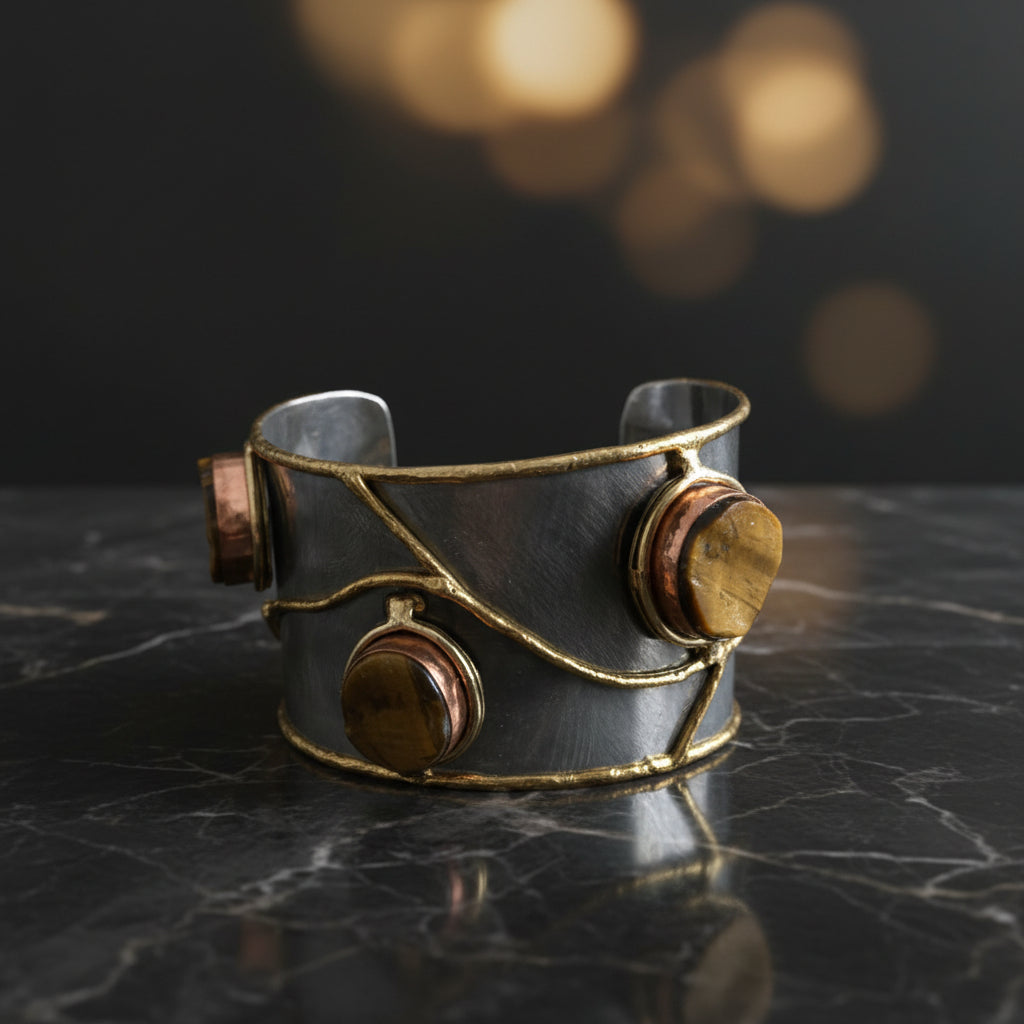 A close-up studio view of the ZoharasVogue Maya Pearl Cuff statement bracelet, featuring a wire-wrapped open band designed with alternating