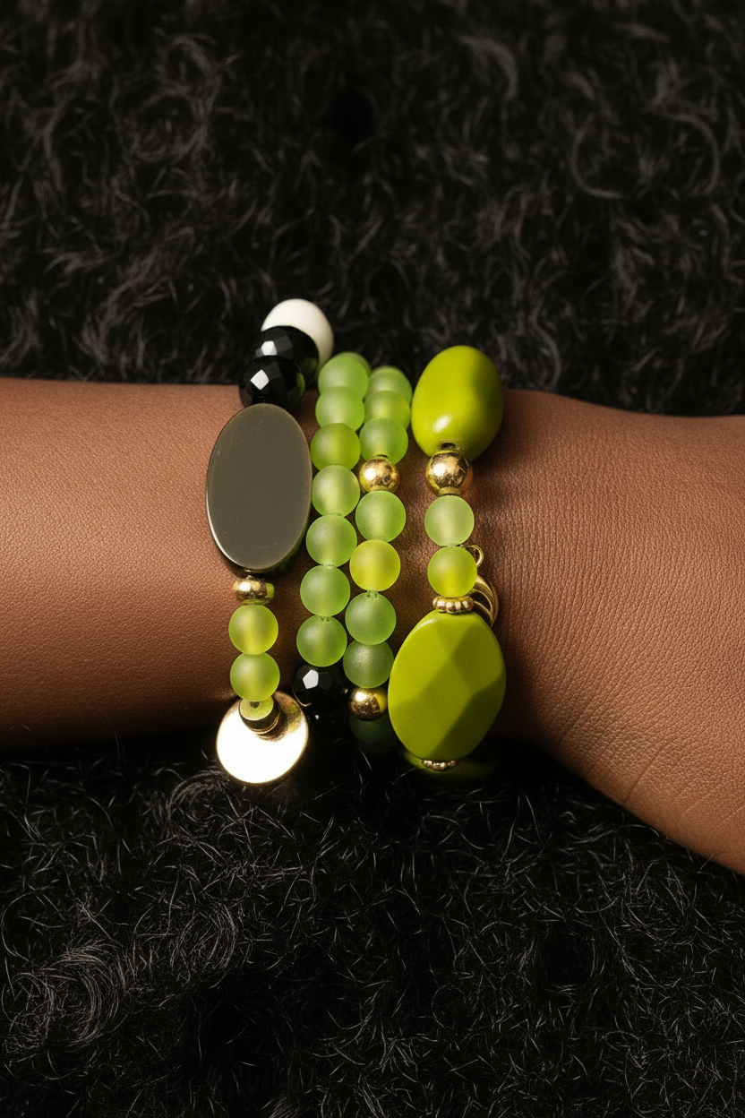The Vogue Verdict Multi-Stand Bracelet beaded bracelet with green and black beads on a background_ZoharasVogue