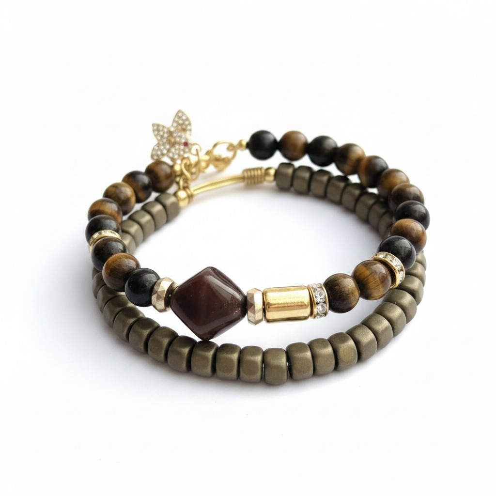 Two-strand bracelet featuring one strand of tiger eye agate beads with gold connectors and one strand of sage hematite disc beads, finished with an 18k gold-plated mini elephant charm. ZoharasVogue