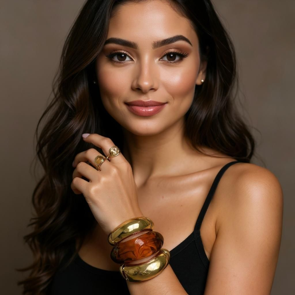 Set of geometric gold-tone mood bangles with acrylic accents in mixed colors, adjustable fit, trendy and modern design