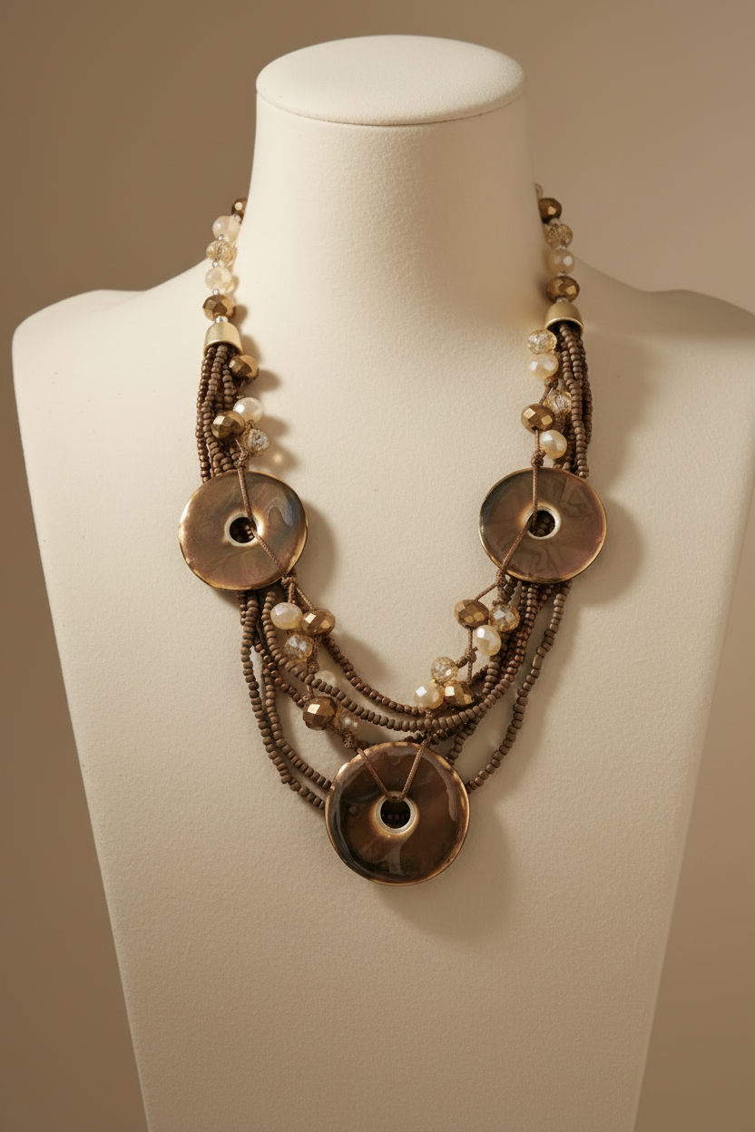 Layered multi-strand statement necklace featuring three large marbled brown resin discs, bronze seed beads, and faceted gold accents on a cream jewelry bust. ZoharasVogue 