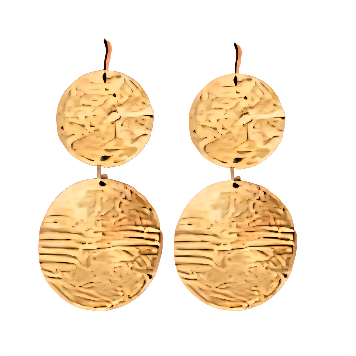 boho charm with modern sophistication. Crafted with pure iron and finished with platinum plating, this set features delicately textured circular discs that catch the light from every angle. 