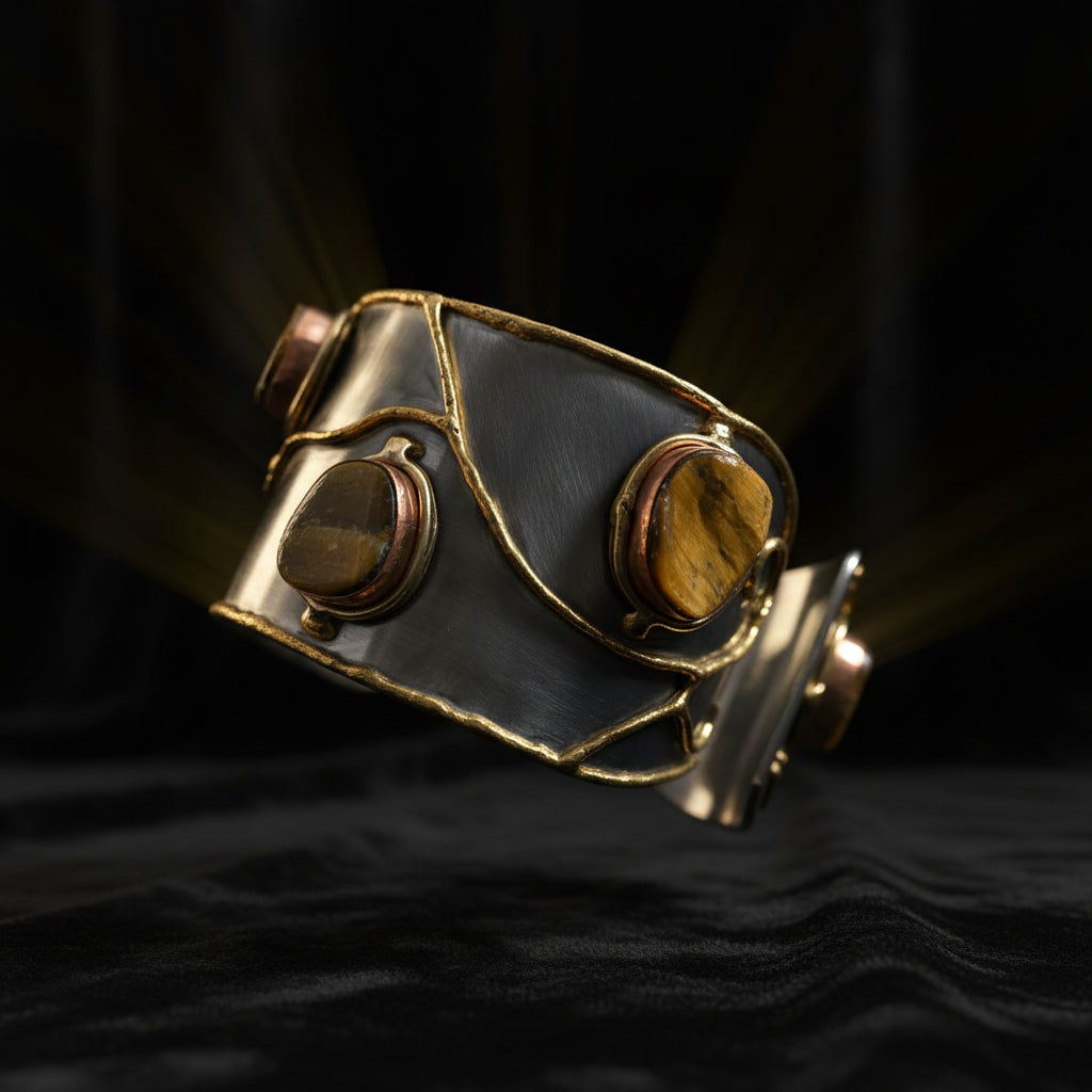 A close-up studio view of the ZoharasVogue Maya Pearl Cuff statement bracelet, featuring a wire-wrapped open band designed with alternating