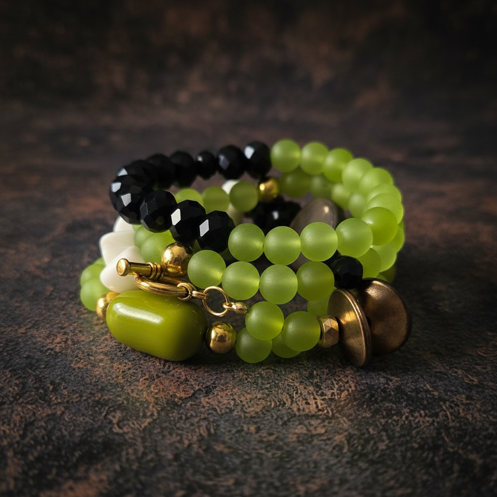 The Vogue Verdict Multi-Stand Bracelet beaded bracelet with green and black beads on a background_ZoharasVogue