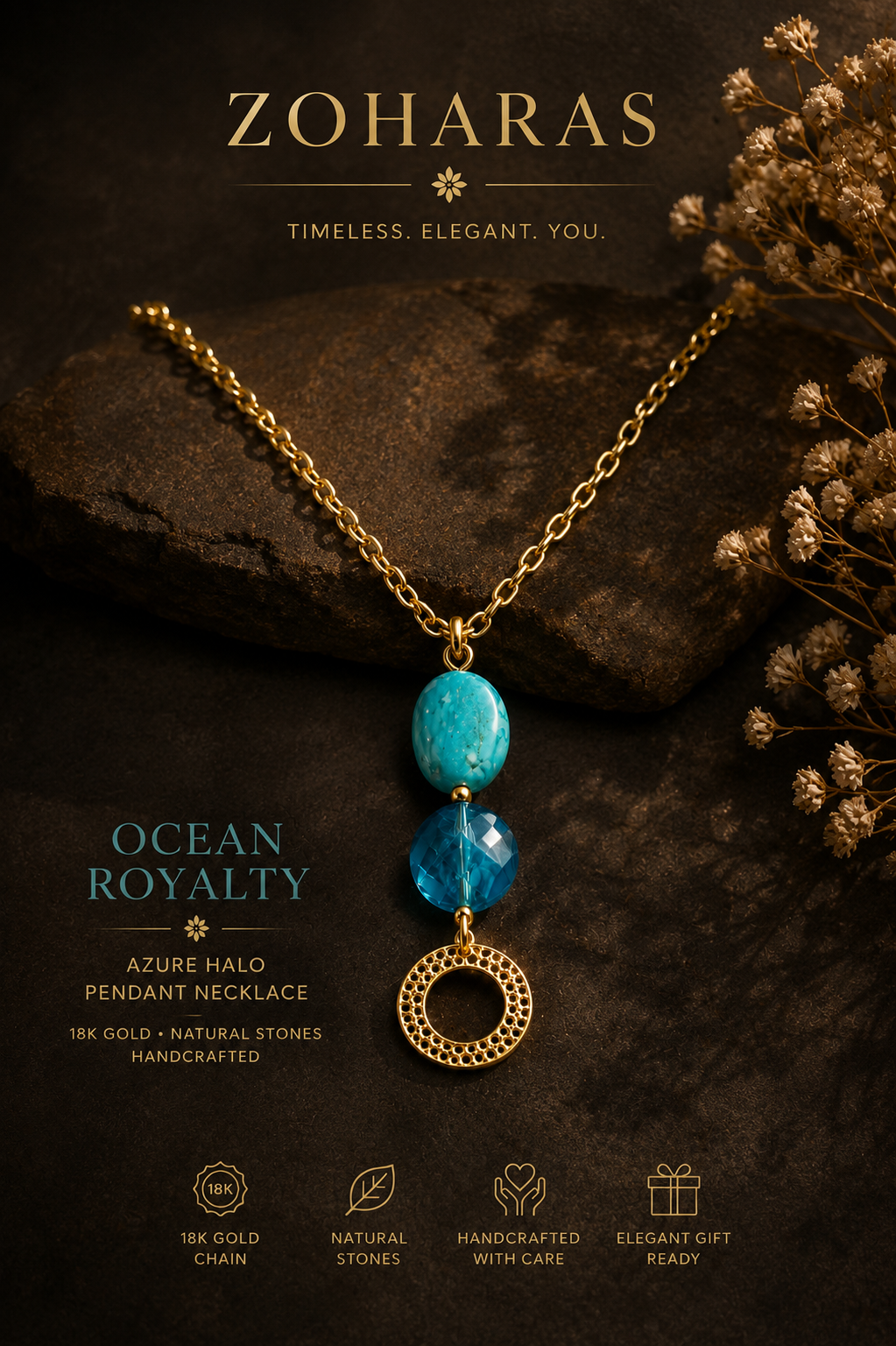 Ocean Royalty™ Coastal Cascade Statement Necklace – 18K Gold Chain