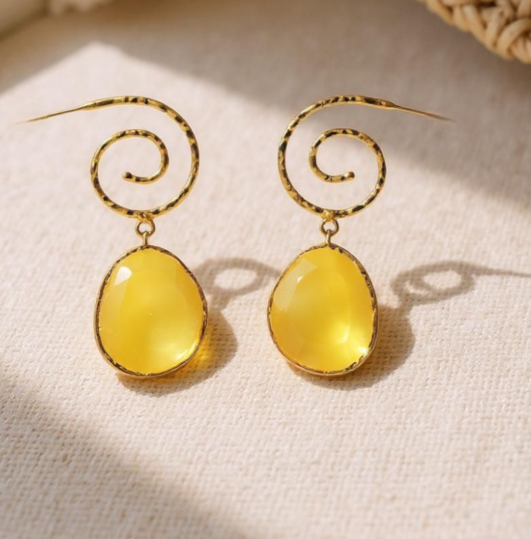 Gold earrings with yellow oval stones on a white background. ZoharasVogue