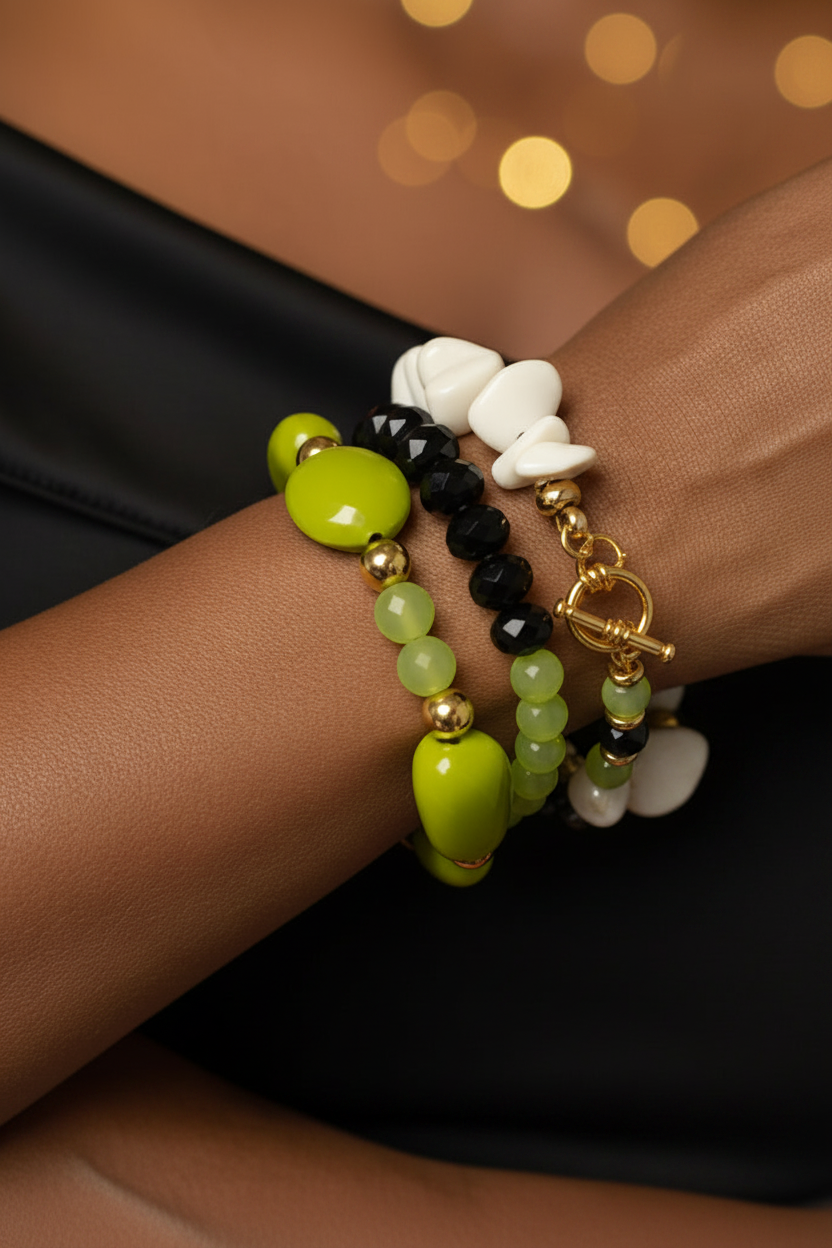 The Vogue Verdict Multi-Stand Bracelet beaded bracelet with green and black beads on a background_ZoharasVogue