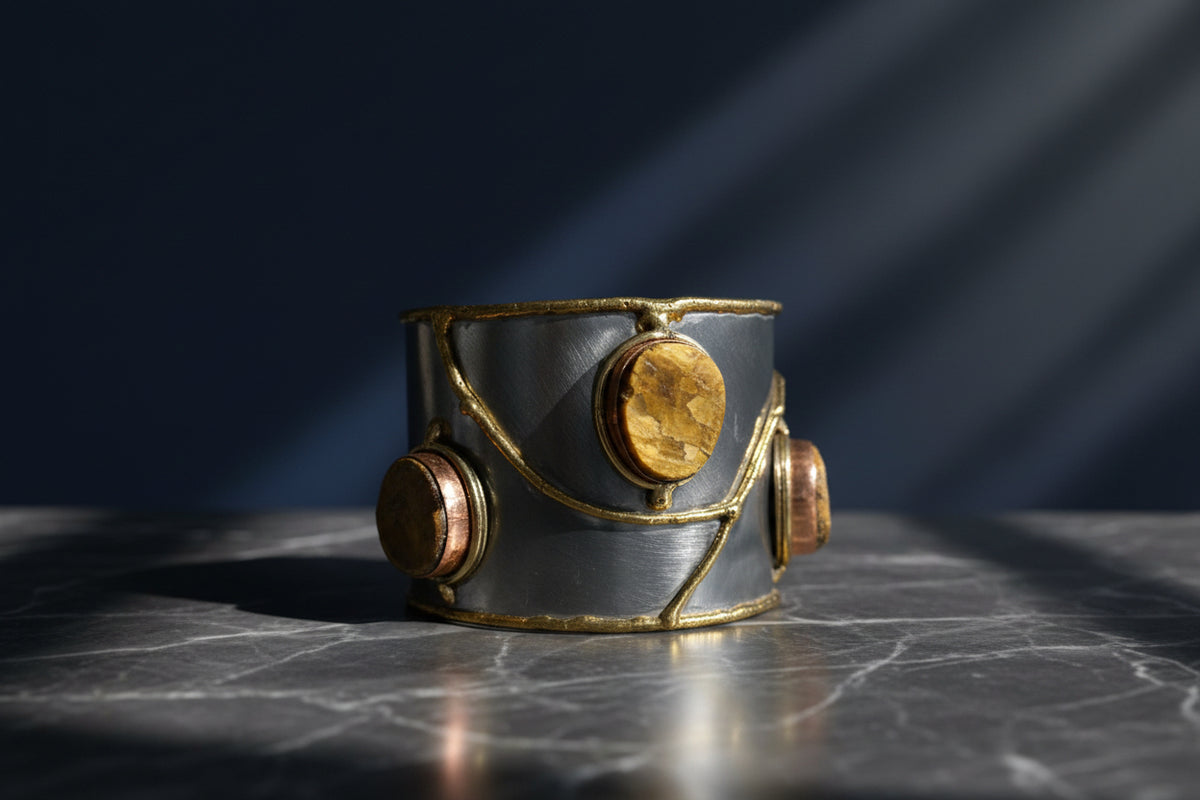 A close-up studio view of the ZoharasVogue Maya Pearl Cuff statement bracelet, featuring a wire-wrapped open band designed with alternating