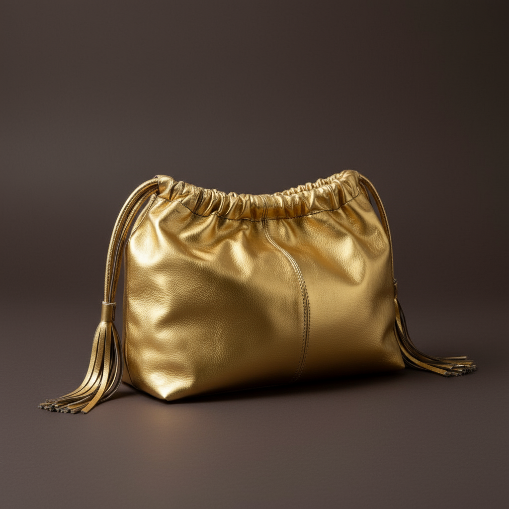 Gold metallic drawstring bag on a white background ZoharasVogue