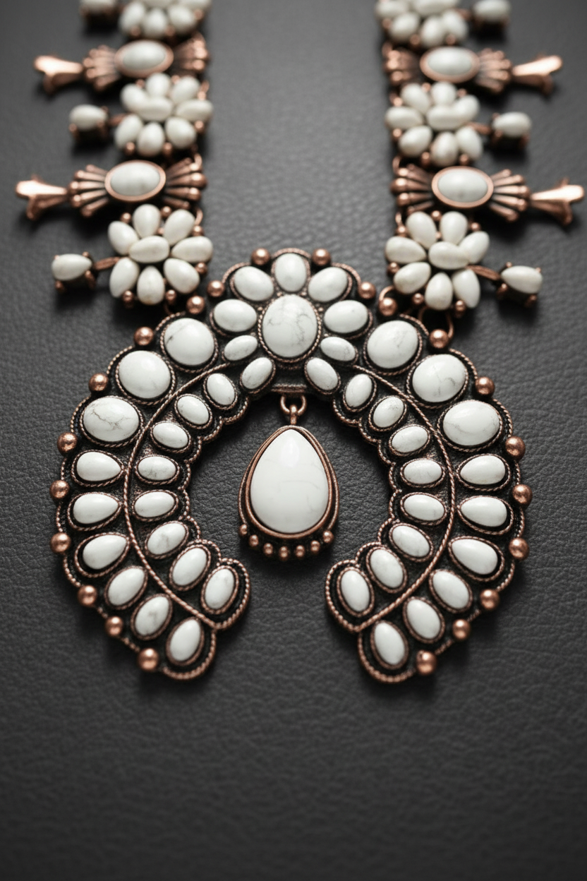 A close-up lifestyle shot of a model wearing the chunky untamed statement necklace and matching bracelet. The jewelry features a dark brown oxidized metal base adorned with white faux pearls and clear rhinestones, styled on a model in a white top. By ZoharasVogue 