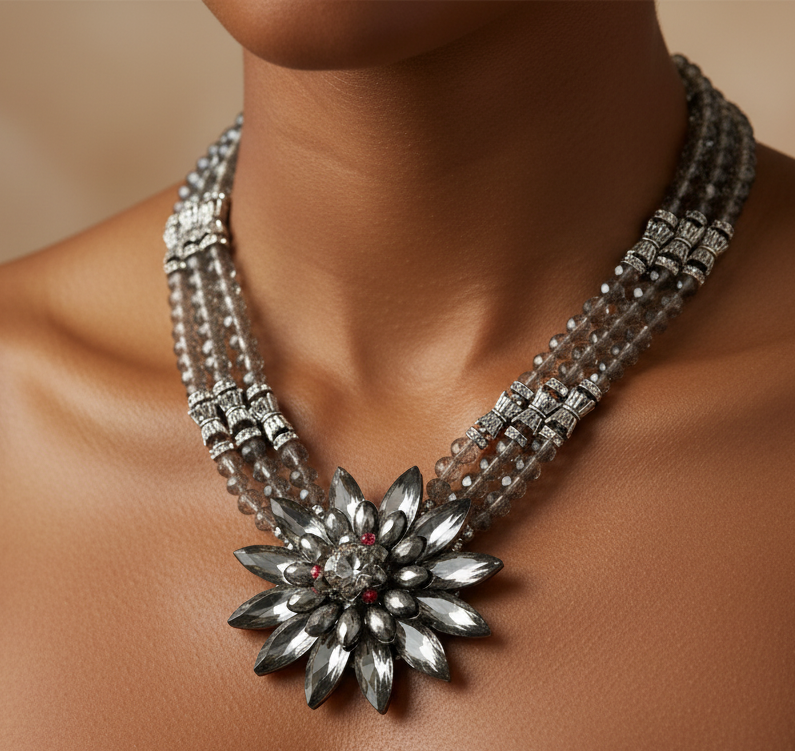 Chunky handmade statement necklace featuring faceted gunmetal silver beads and an oversized silver snowflake pendant with vintage brushed silver hardware and lobster claw clasp._ZOHARAS VOGUE - 