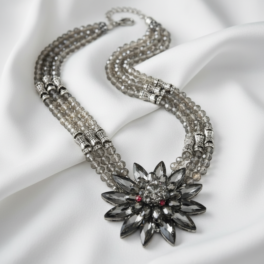 Chunky handmade statement necklace featuring faceted gunmetal silver beads and an oversized silver snowflake pendant with vintage brushed silver hardware and lobster claw clasp.- ZOHARAS VOGUE