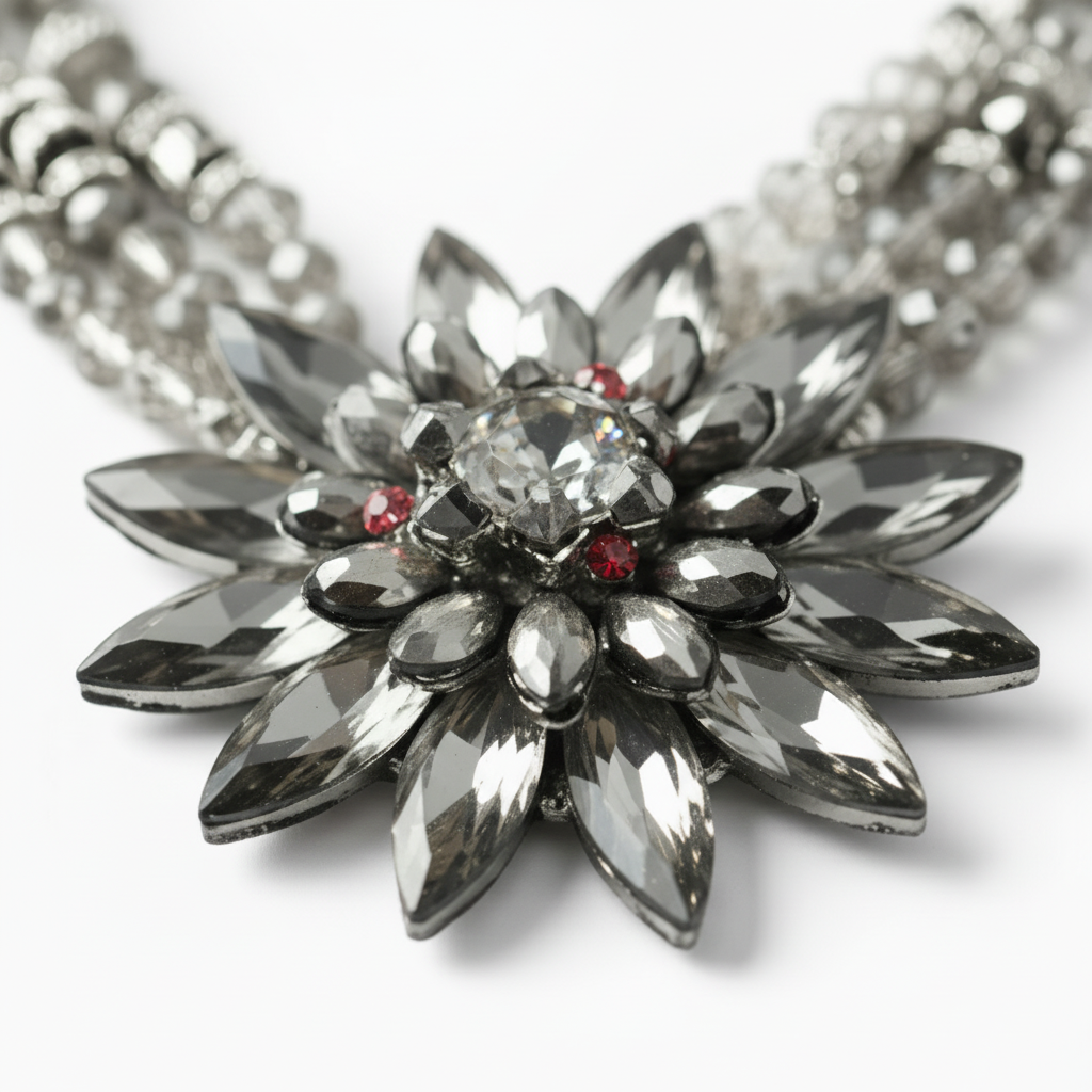 Chunky handmade statement necklace featuring faceted gunmetal silver beads and an oversized silver snowflake pendant with vintage brushed silver hardware and lobster claw clasp. ZOHARAS VOGUE