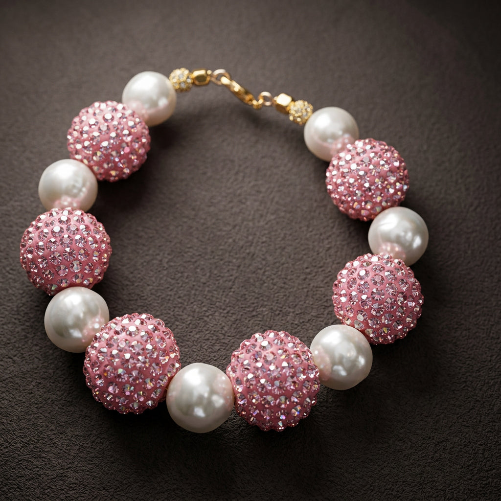 Actual Blush Radiance bracelet with alternating pink iridescent textured beads, white pearl-style beads, and gold-tone lobster clasp.